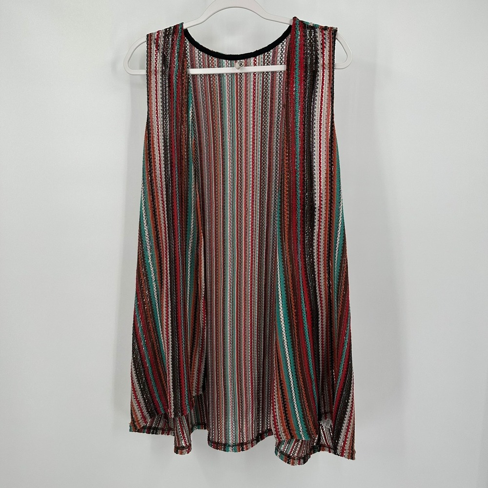 Womens Boho Southwestern Striped Open Front Vest Crochet Size L Festival Earthy